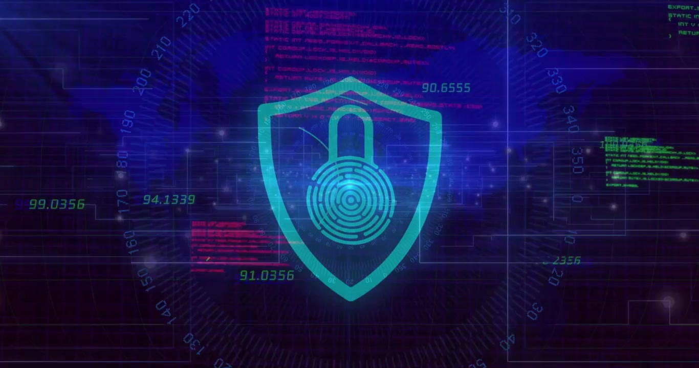 Triggered by code panels fading, shield icon doing scanning arcs verifying fingerprint security