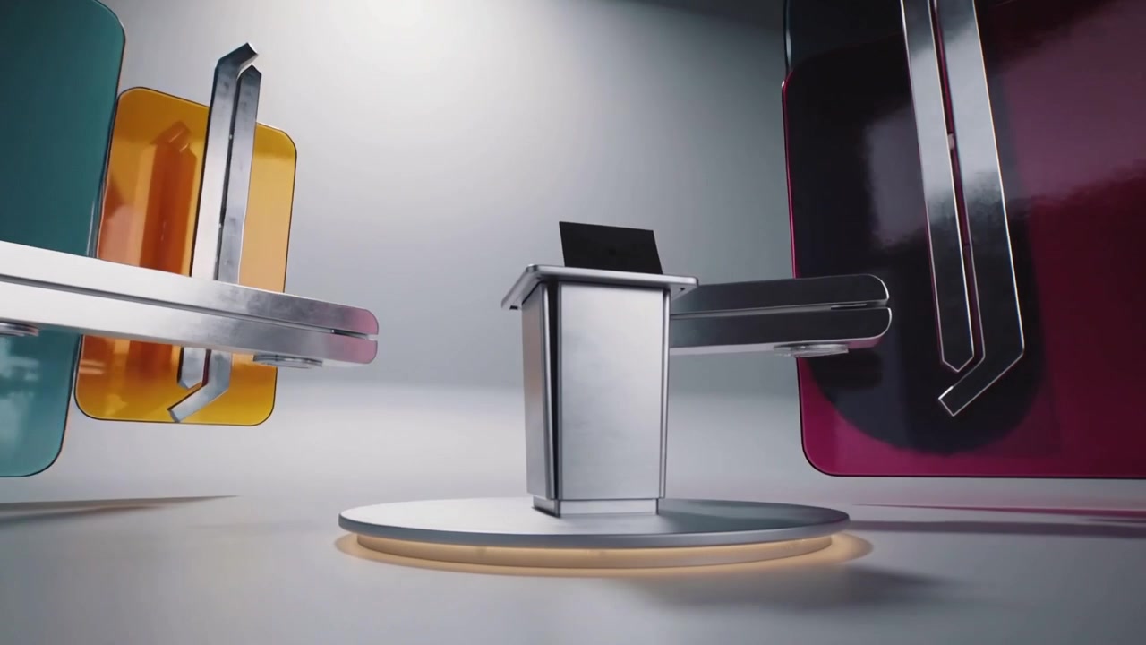 Panning camera showing metal pedestal with orbiting panels in studio, black card tilting for opener