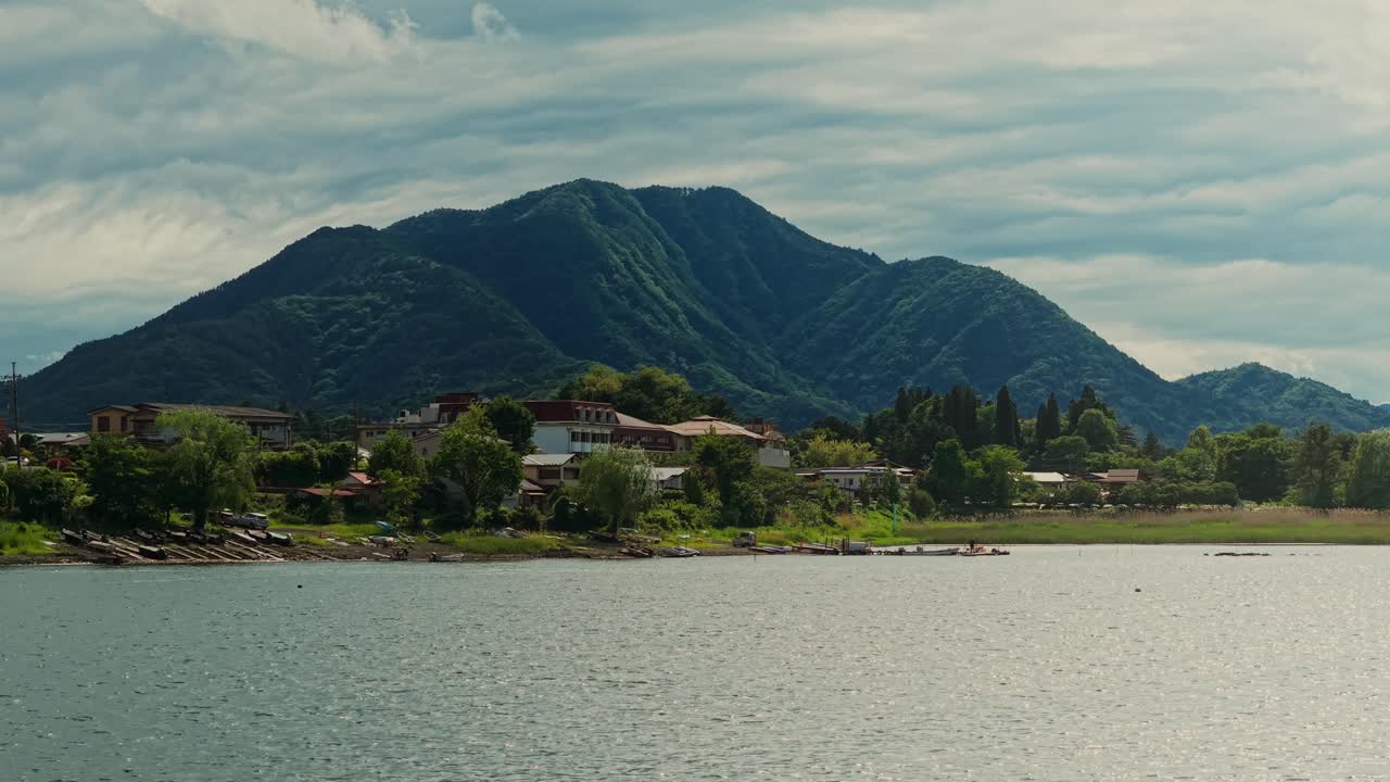 Picturesque view of a mountain landscape with a lake and village