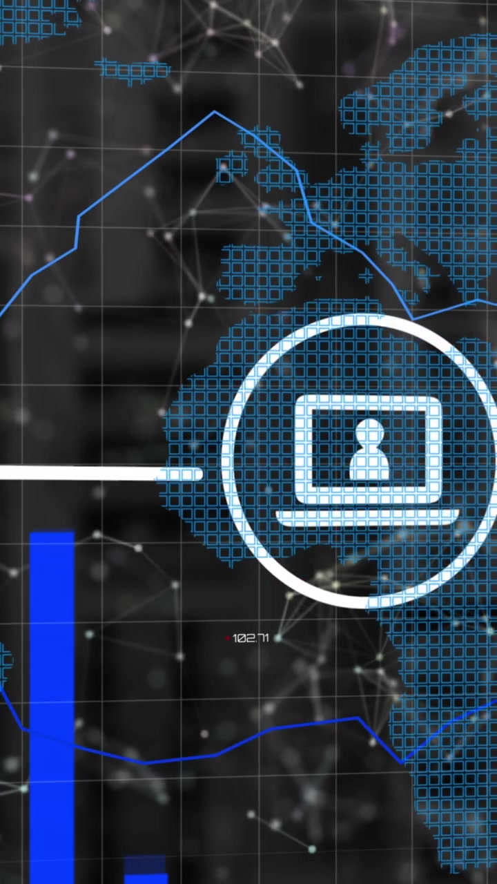 Animazione di icone multimediali sovrapposte all'elaborazione dati.