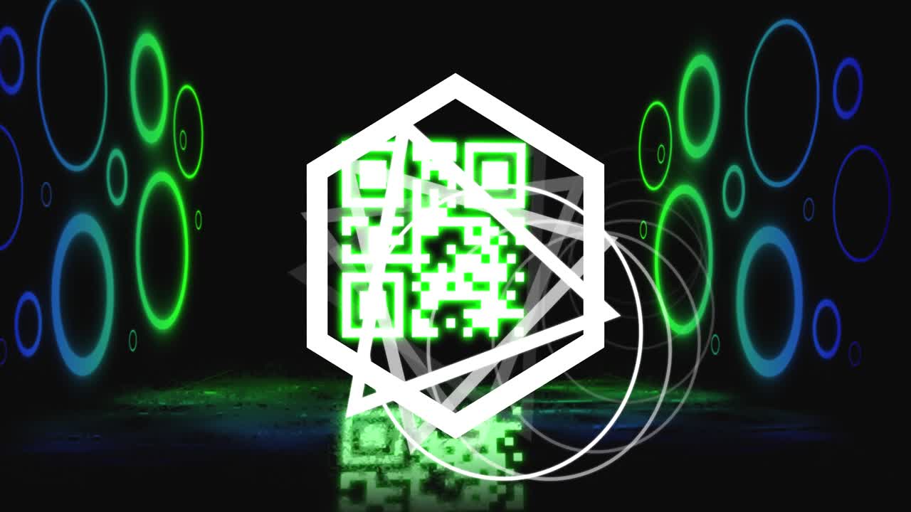 animación de un código qr brillante sobre formas geométricas de neón