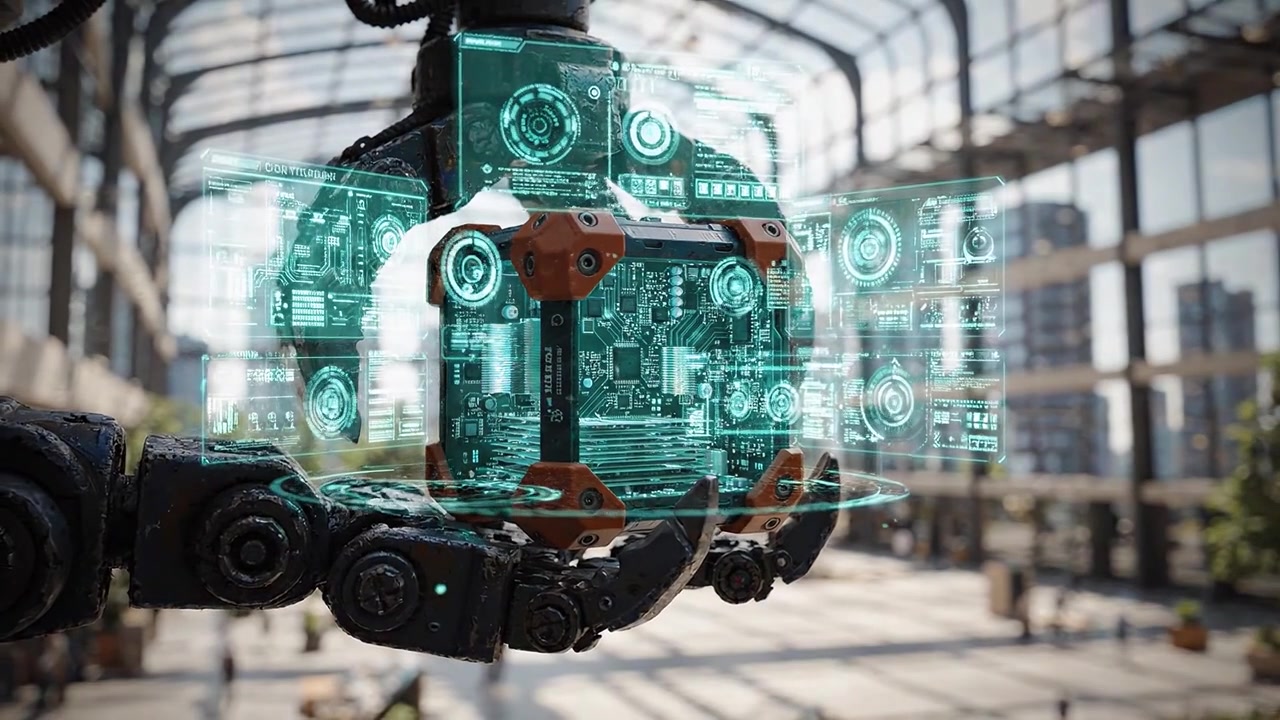 A robotic claw securely grips a high-tech device in an expansive modern environment, showcasing advanced engineering and intricate technology in action.