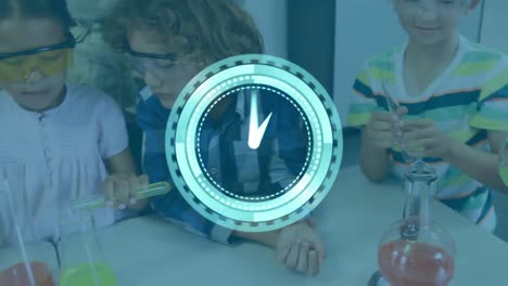 animation of digital clock over overhead view of diverse children and teacher doing experiment