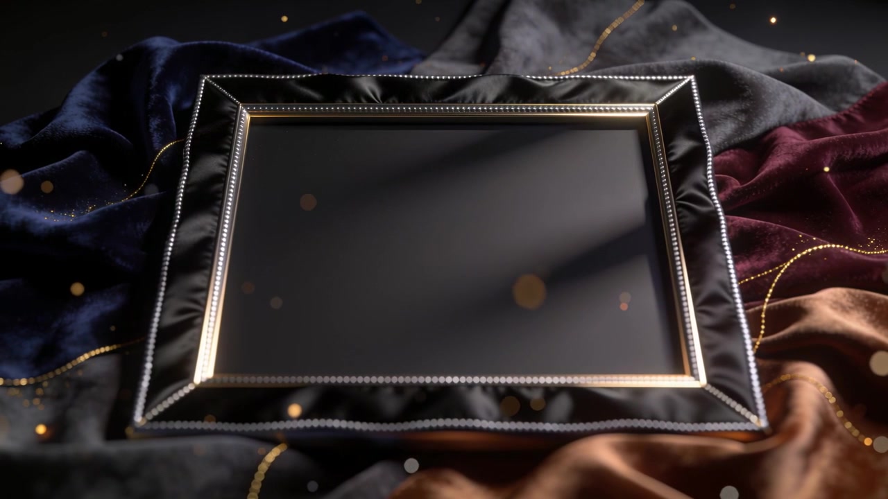 Reflecting ornate frame catching diagonal light on draped fabrics, showing gold rim and particles