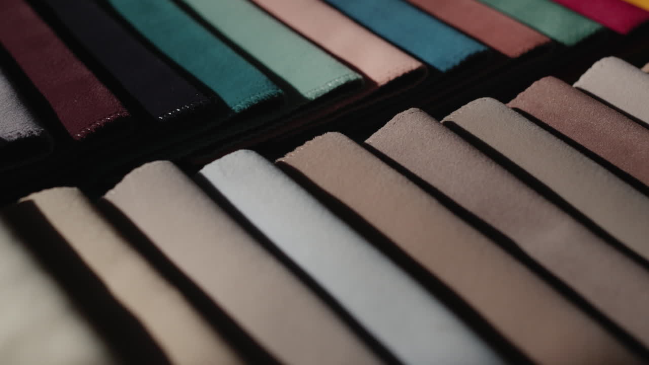 conjunto de muestras de tela multicolor en el mostrador de la tienda. tela para coser ropa, tapicería de muebles, cortinas y otras cosas