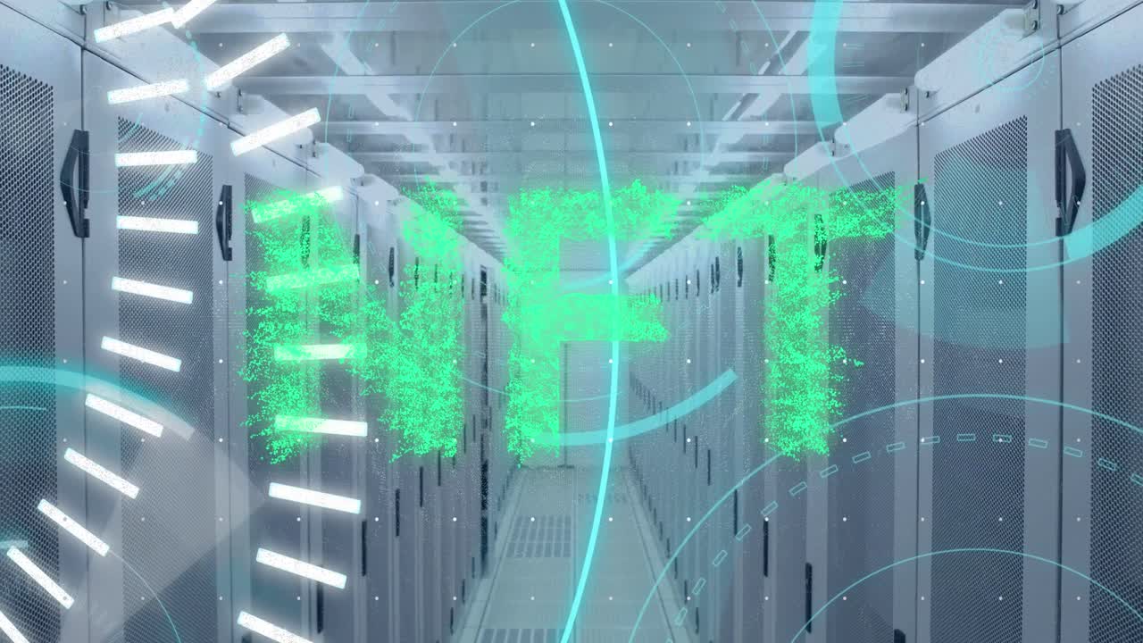 Animation of nft and 5g texts and scope scanning over server room