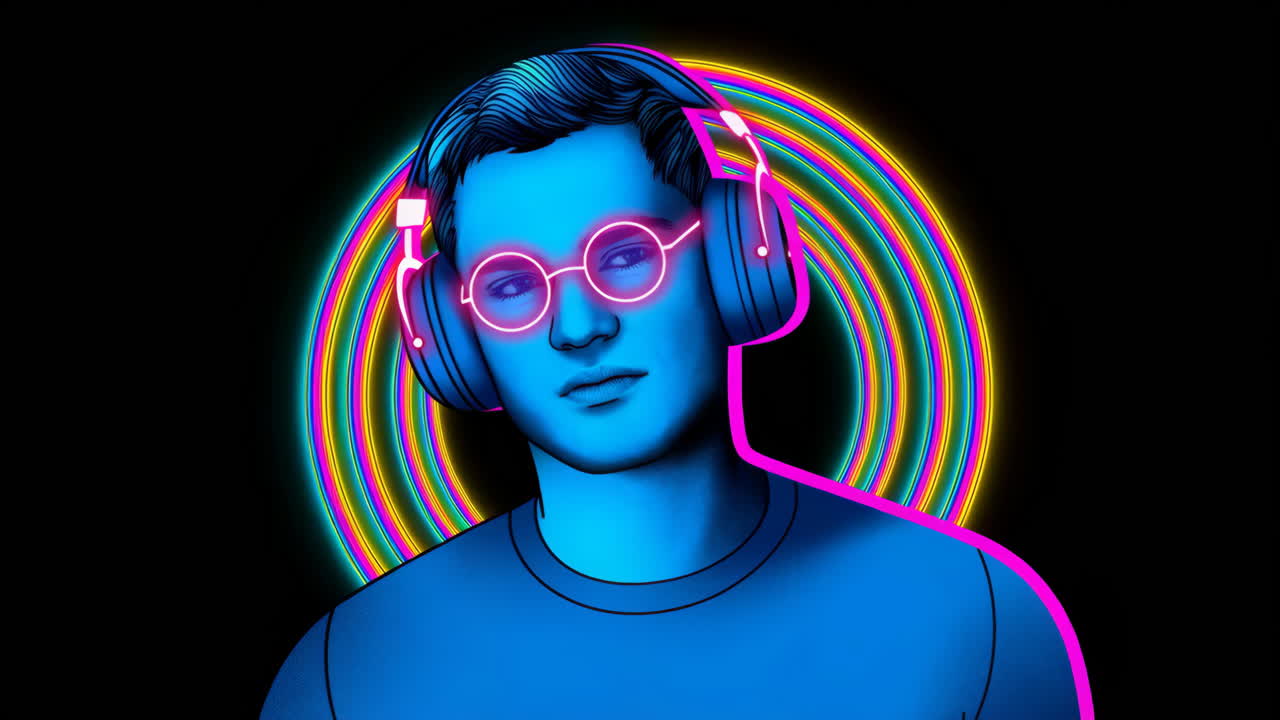 Ritratto illuminato al neon con cuffie