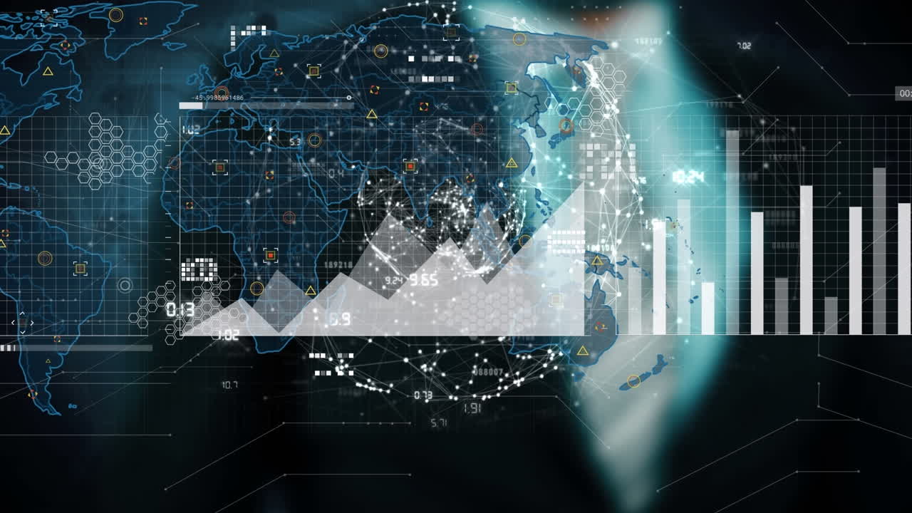 Animation of data processing against mid section of businessman touching futuristic screen