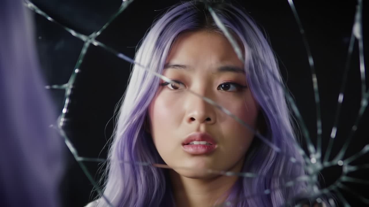 A young woman gazes into a cracked mirror reflection, revealing emotional depth and vulnerability, as her striking purple hair contrasts sharply against a dark backdrop