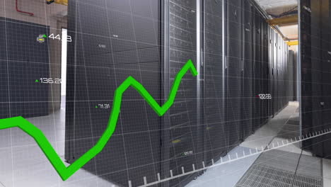 animación de gráficos con números cambiantes sobre bastidores de servidores de datos iluminados en la sala de servidores