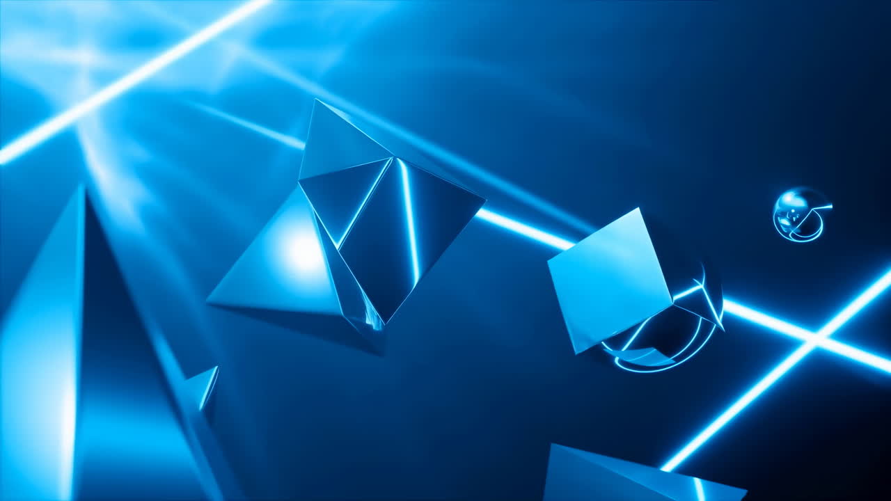 Kelluvia geometrisia muotoja, neonlaserviivoja ja prismaattisia prismoja, jotka heijastavat sinistä valoa dynaamisessa kolmiulotteisessa liikkeessä.
