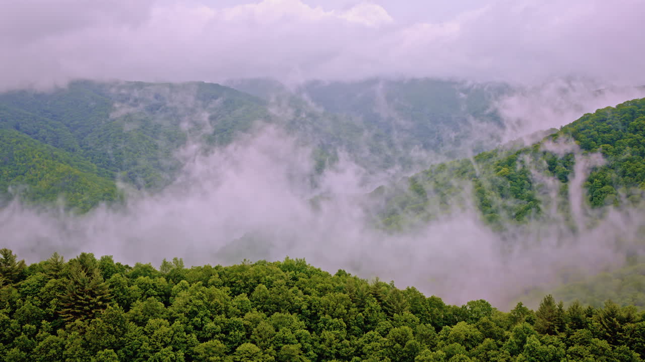 Dreamy drone sweep across fog-covered Smoky Mountains