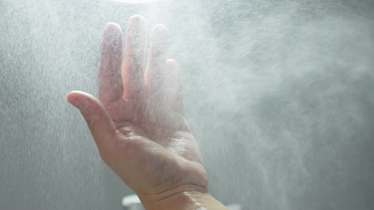 Wellness technician sprays hydrating mist onto hands under bright clinical light, creating fine droplets that shimmer before facial treatment in tranquil spa environment for hygienic skin prep