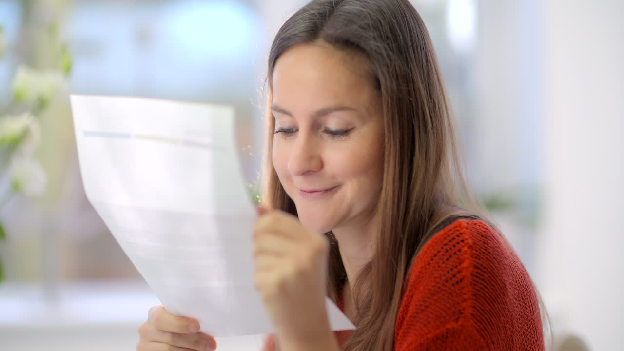 Relaxed Woman Looking at Bills