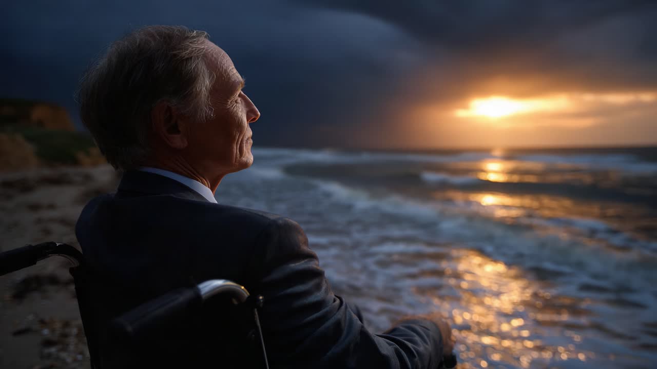 A Reflective Moment by the Shore: Elderly Man in Wheelchair Contemplates the Ocean at Sunset, Bathed in Soft Golden Light and Surrounded by Dark Clouds
