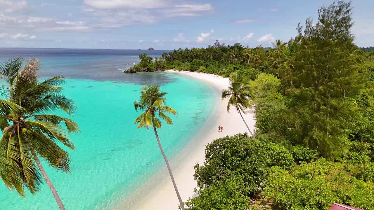 Still 4K drone video of a couple walking along Oyama Beach in SUlawesi, Indonesia. A stunning, tropical white sand beach with bright blue ocean and beautiful green palm trees. It looks like paradise