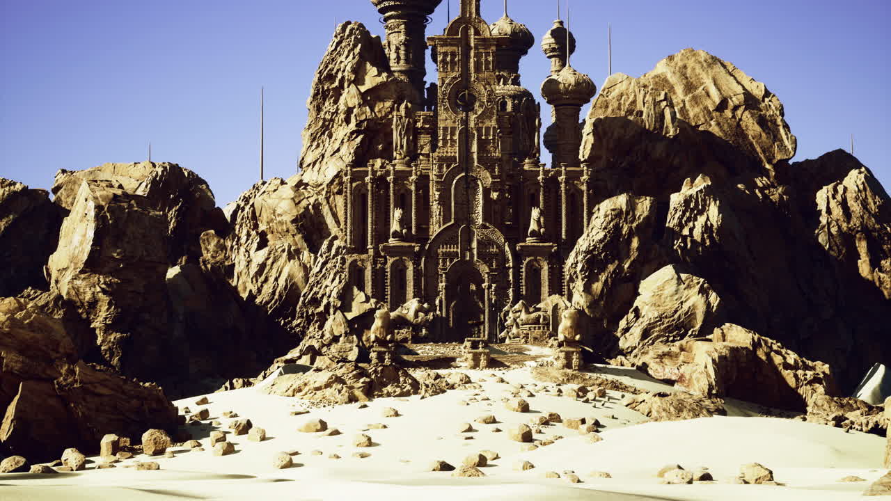 Intricate castle structure surrounded by rocky terrain in a desert setting