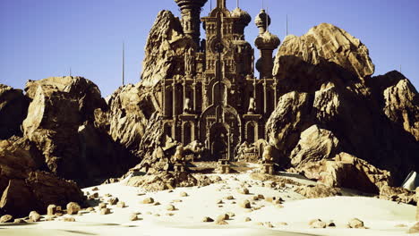 intricate castle structure surrounded by rocky terrain in a desert setting