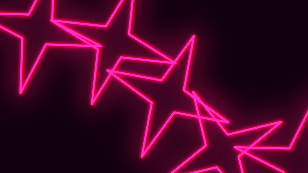 Animerede glødende neonstjerne-konturer bevæger sig hen over en mørk baggrund, hvilket skaber en dynamisk abstrakt baggrund ideel til fest, natteliv, musik, prisuddelinger, underholdningspromoveringer og moderne event-visuals
