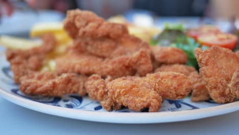 tiras de pollo crujientes con papas fritas y ensalada