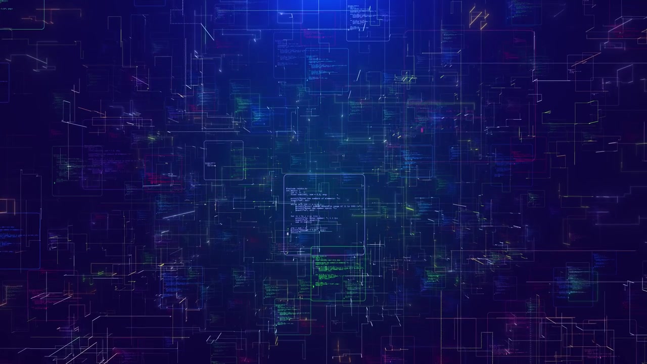 Blue code interface technology background shows programming panels glowing lines digital system