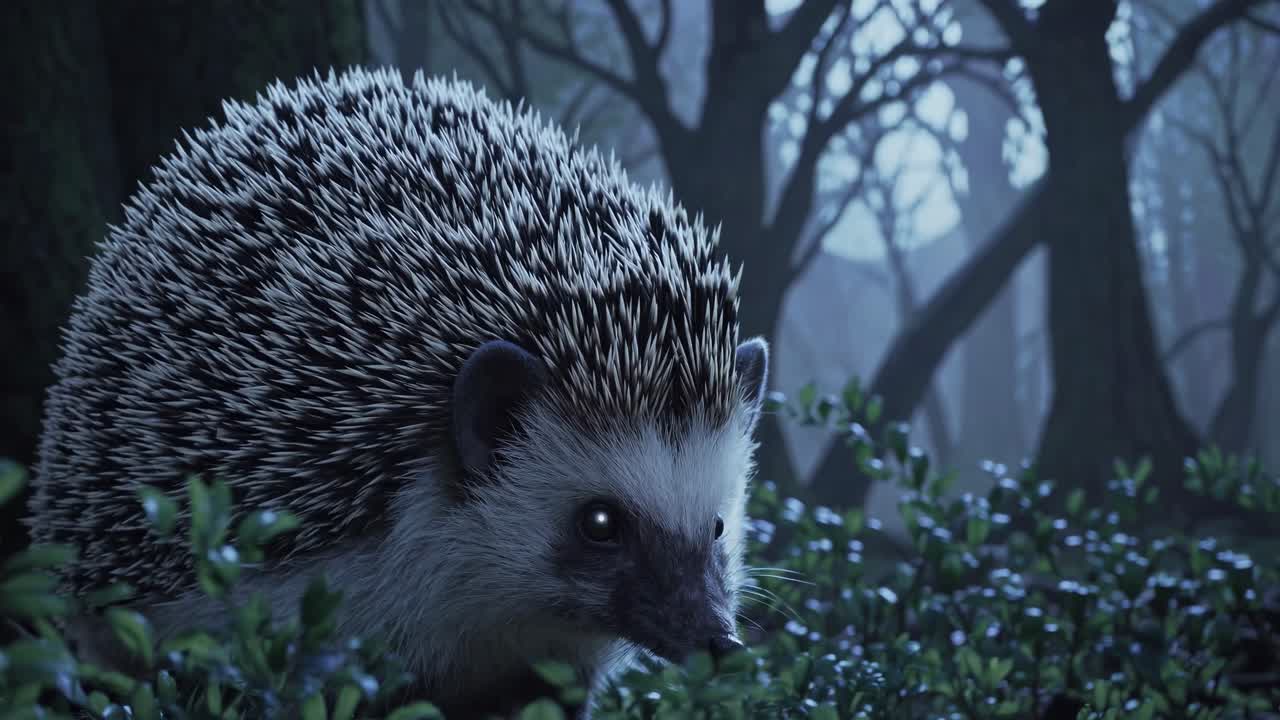 A mystical, low-angle video shot of a hedgehog with glowing eyes in a dark, enchanted forest