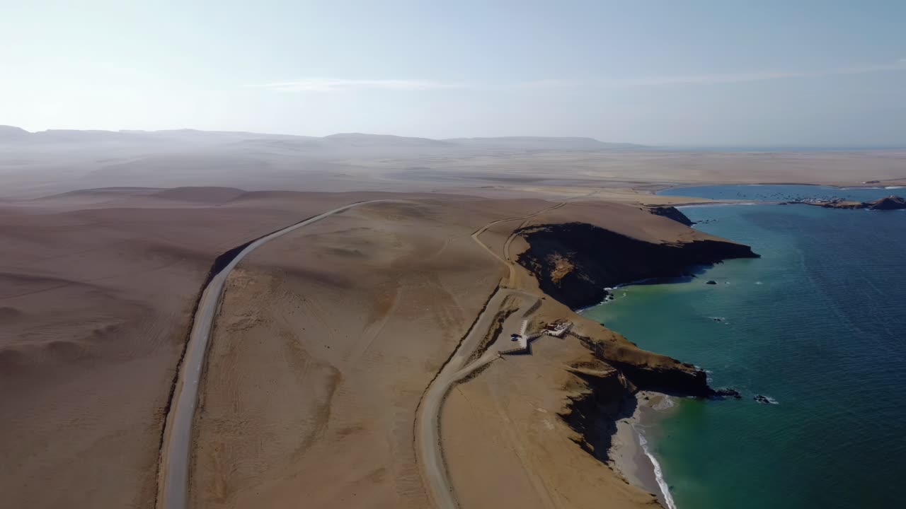 Aerial establishing of the Paracas National Reserve, with rugged cliffs and deep blue waters