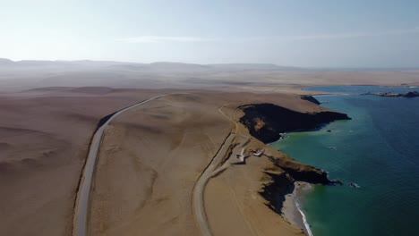 aerial establishing of the paracas national reserve, with rugged cliffs and deep blue waters