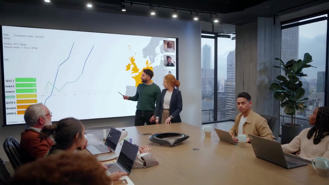 Business Team Presenting Data Analysis in Modern Conference Room