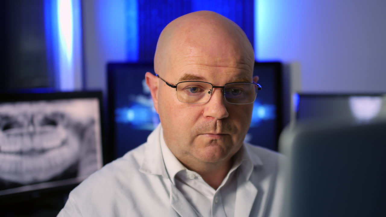 un médico dentista que trabaja en una computadora