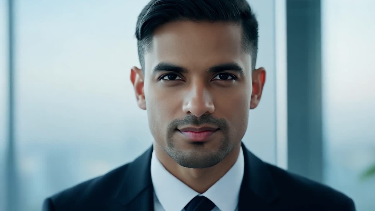 Businessman in a suit looks confidently at the camera while standing in an office building with a city skyline view