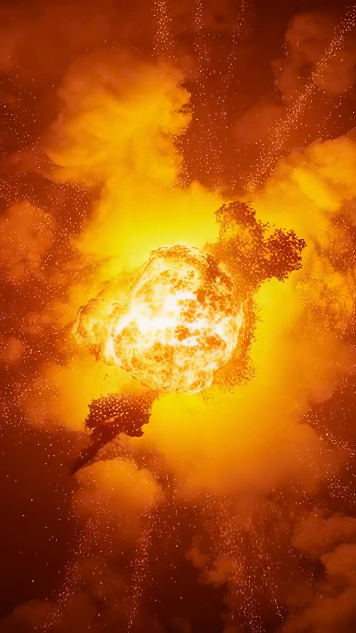 Vertical video: Bright core igniting, central fireball growing and forming mushroom cloud in sky