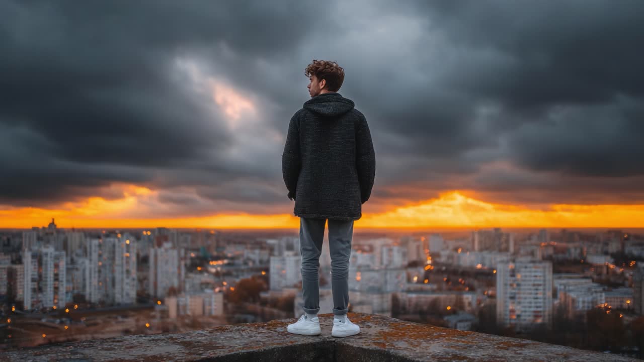 A Pensive Figure Stands at the Edge of a Rooftop, Gazing Out Over a Dusk Cityscape Bathed in Warm Orange and Gold Hues Amidst Dramatic Cloud Formation