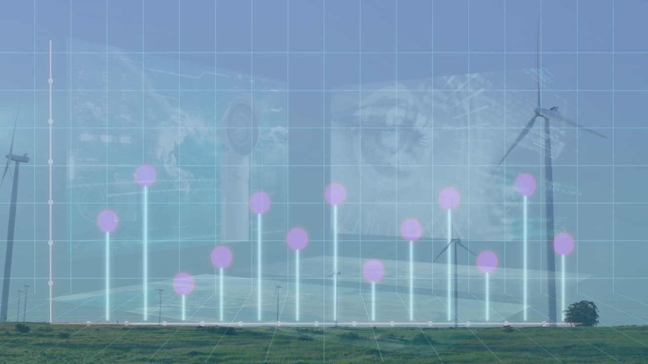 Animation of rising bars graph with dots over landscape with wind turbines