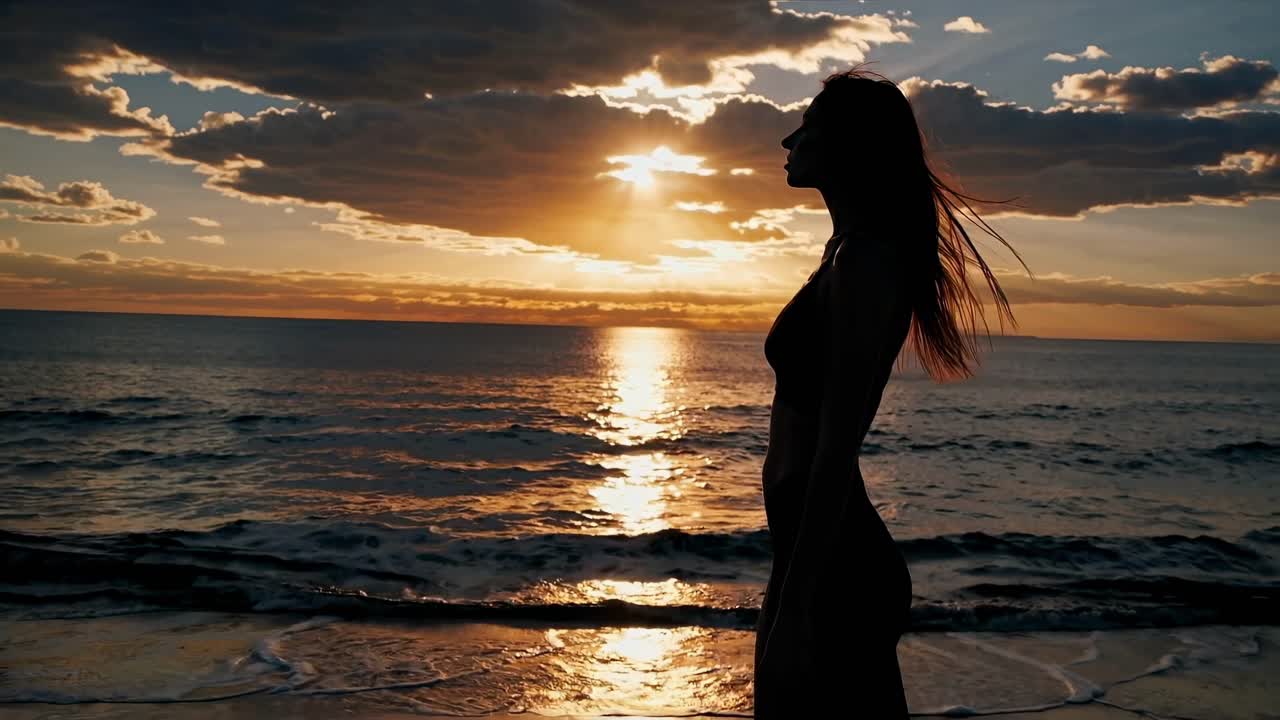 Silhouette of a woman at sunset by the sea, captured in a side profile