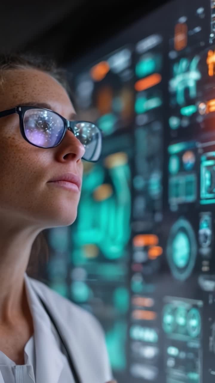 Innovative Healthcare Research: A Focused Scientist Analyzing Advanced Medical Data and Technologies Through Interactive Digital Displays in a Modern Laboratory Environment