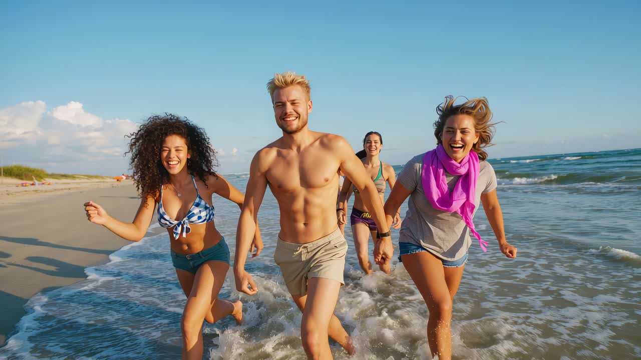 Quattro amici corrono verso la fotocamera sul bagnasciuga in una giornata di sole, risate contagiose, sciarpa rosa, orologio