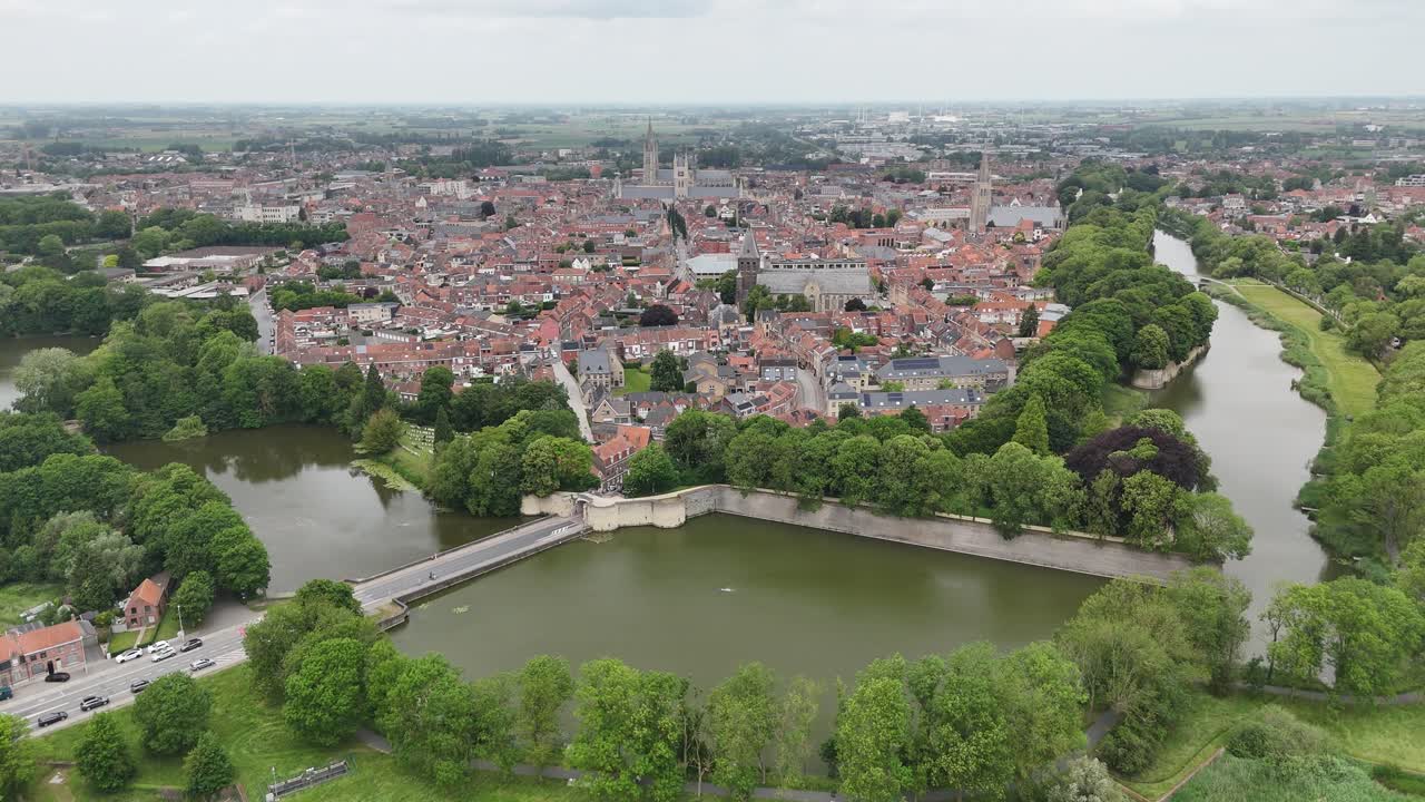 Ypres city Belgium drone,aerial high angle panning shot