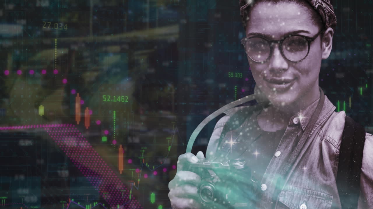 animación de estrellas brillantes, gráficos y números sobre el retrato de una mujer caucásica con cámara.