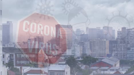 animation of corona virus prohibition sign and virus cells over cityscape