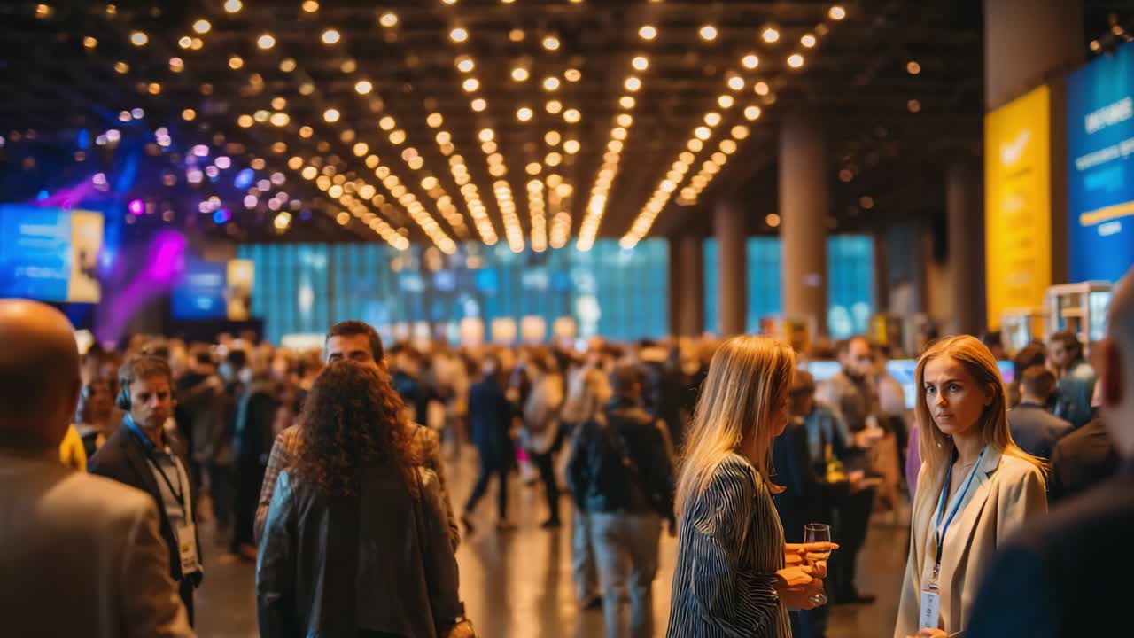 A Dynamic Networking Event Showcasing Diverse Attendees Engaging in Conversations Amidst an Ambiance of Bright Lights and Vibrant Atmosphere, with a Focus on Professional Connections and Collaboration Opportunities