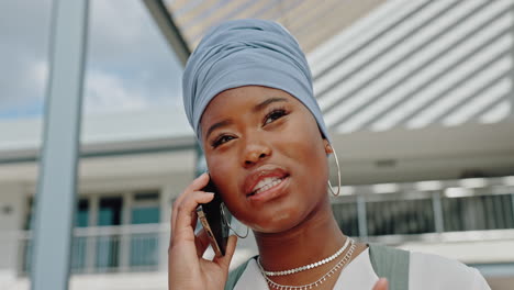 talking black woman, face or phone call in city