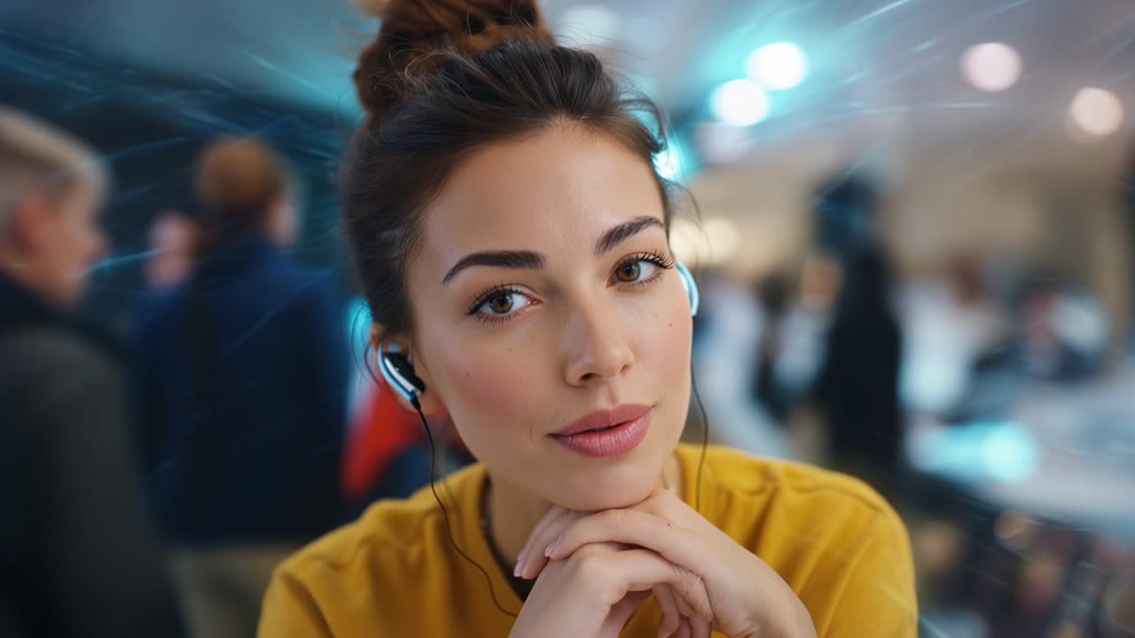Donna sorride dolcemente, occhi chiusi, godendosi la musica. Indossa eleganti auricolari, mani giunte vicino al mento. Lo sfondo vibra con luci sfocate di uno spazio riunioni. Ideale per tecnologia, benessere.