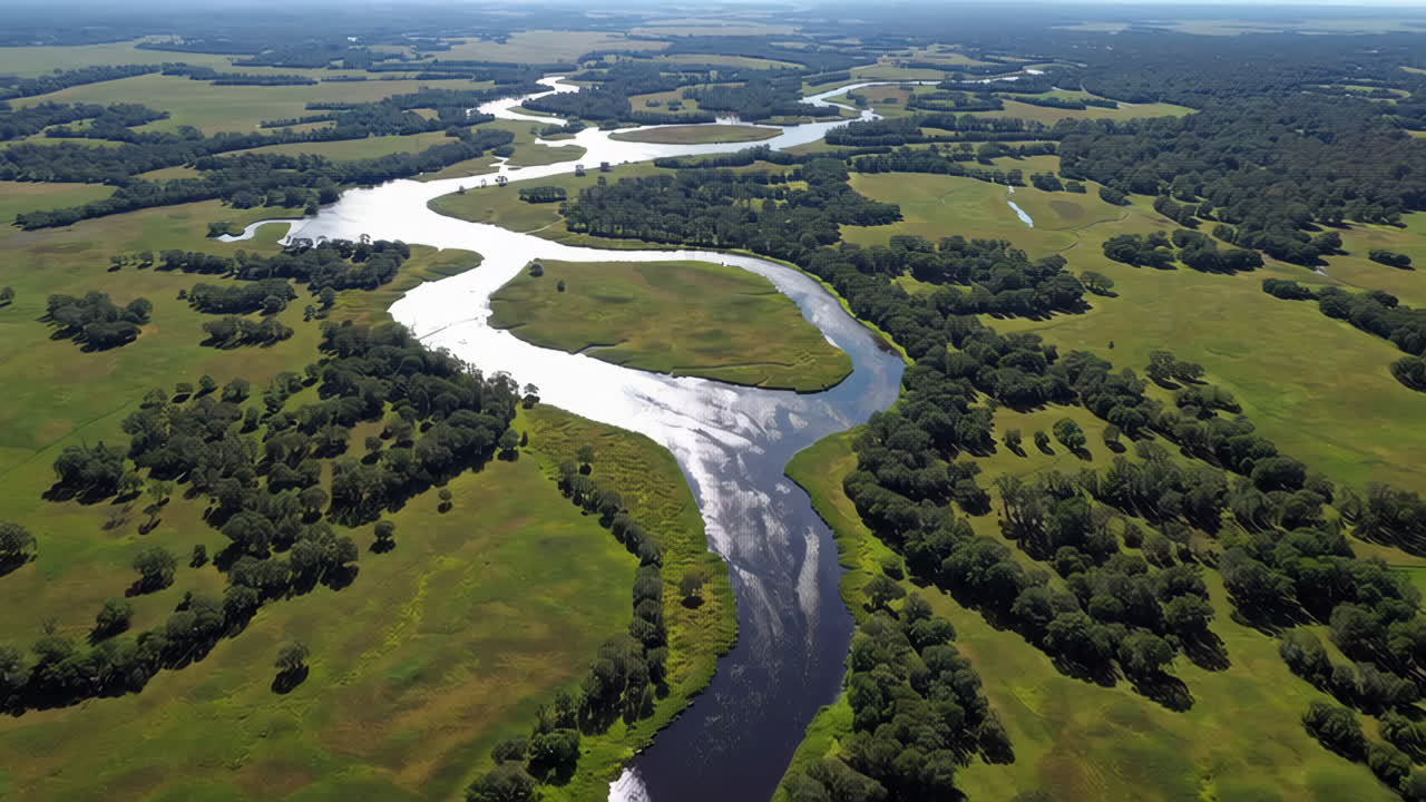 Aerial View of a Winding River Through Lush Green Landscape