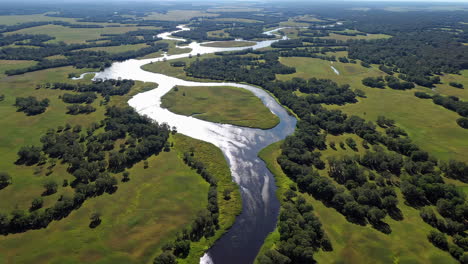 aerial view of a winding river through lush green landscape