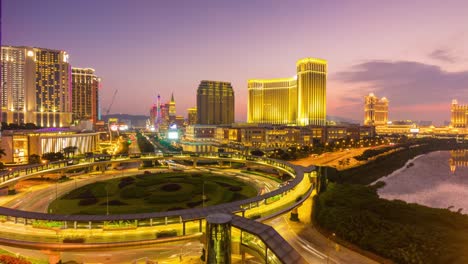 china macau taipa island famous traffic circle street sunset panorama 4k time lapse