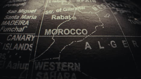 close-up view of a world map, focusing on morocco and surrounding regions.