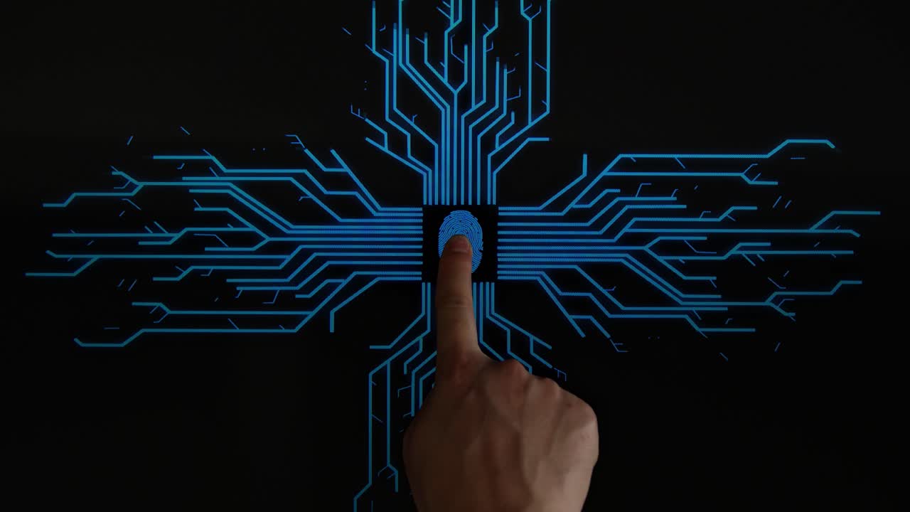Top View, Human Finger Pushes Touch Fingerprint With Futuristic Artificial Intelligence Spreading Through Internet. Visualization Of Machine Learning, Computer Technology, Neural Network