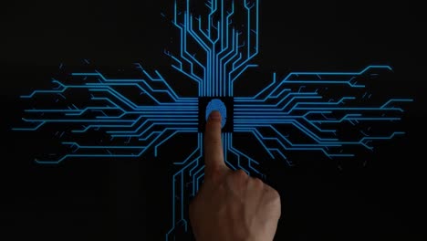 top view, human finger pushes touch fingerprint with futuristic artificial intelligence spreading through internet. visualization of machine learning, computer technology, neural network