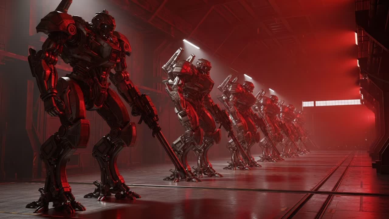 A Lineup of Futuristic Robots in a Dimly Lit Hangar: Displays of Technology, Design, and Power in a Sci-Fi Environment with Dramatic Red Lighting